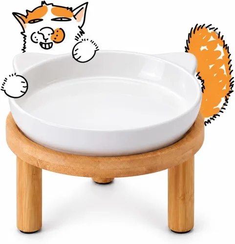Vista 12 de Cuencos elevados de cerámica para gatos con soporte de bambú, platos elevados de comida para mascotas para gatos y perros pequeños, comedero