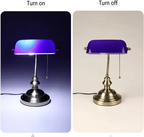 Vista 6 de FIRVRE Lámpara de escritorio de banqueros de cristal azul, lámpara de mesa ejecutiva brillante con interruptor de cadena de tracción, lámpara