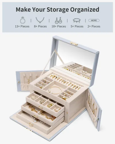 Vista 3 de Vlando Caja organizadora de joyas de terciopelo para mujer, caja de almacenamiento grande de joyería de cuero con cerradura, espejo, 3 cajones
