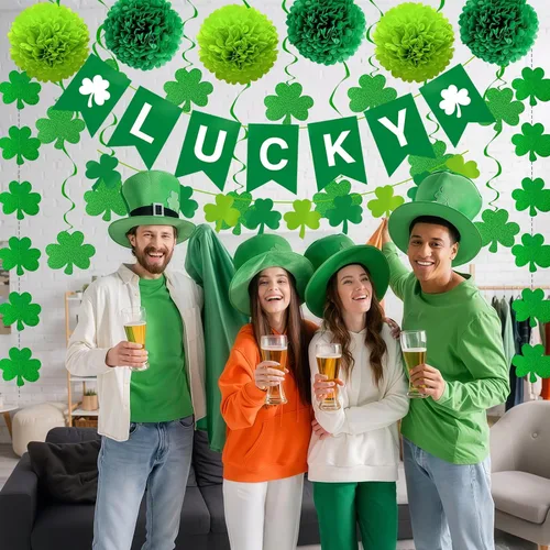 Vista 3 de 22 decoraciones de fiesta de despedida, pancarta de la suerte y guirnaldas de trébol, espirales colgantes, pompones para cumpleaños de la suerte