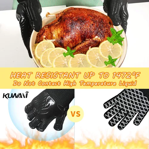 Vista 4 de Guantes BBQ, 1472 °F, resistentes al calor, guantes ignífugos, guantes de silicona antideslizantes lavables, guante de horno, guante de cocina