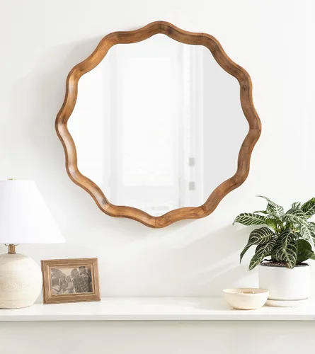 Vista 3 de Kate and Laurel Hatherleigh Espejo redondo de pared de madera de transición, 28 pulgadas de diámetro, marrón rústico, espejo circular de madera
