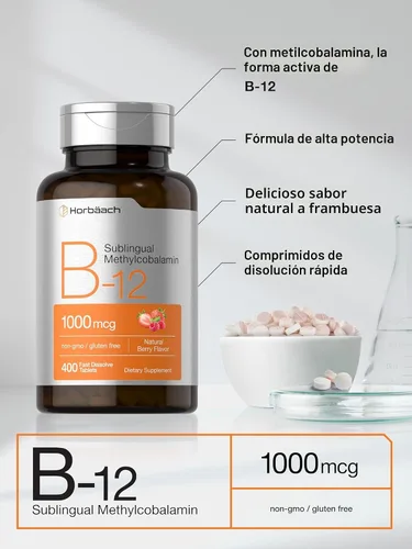 Vista 4 de Horbäach Vitamina B12 1000 mcg Sublingual 400 Comprimidos de Disolución Rápida Suplemento de Metilcobalamina para Mujeres y Hombres Sabor a