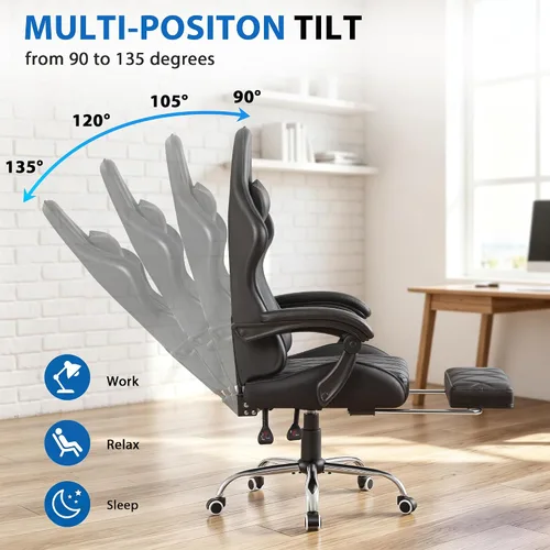 Vista 7 de Shahoo Silla ergonómica para videojuegos, reposapiés y soporte lumbar de Negro