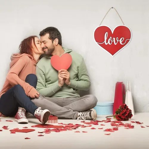 Vista 5 de Letrero colgante de madera 3D para decoración de puerta de San Valentín Corazón rojo para decoraciones de San Valentín o decoración de pared