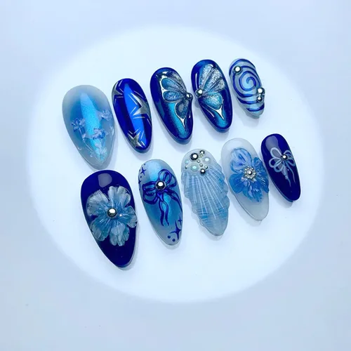Vista 24 de 24 piezas de uñas postizas de punta francesa a presión, uñas postizas medianas en forma de almendra con diseño de ondas azul oscuro, uñas postizas