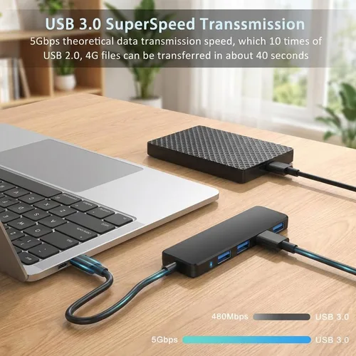 Vista 3 de Concentrador USB 3.0, 4 puertos USB Hub Splitter Expander para laptop/Xbox/Flash Drive/HDD/Consola/Impresora/Cámara/Keyborad/Mouse (no para cargar)