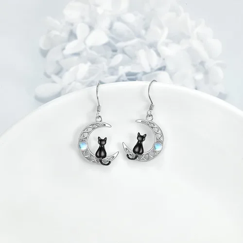 Vista 4 de CRMAD Aretes de luna de gato, piedra lunarperla para mujer, plata de ley, cristal celta, luna blanca y negra, joyería irlandesa para mamá, Metal,