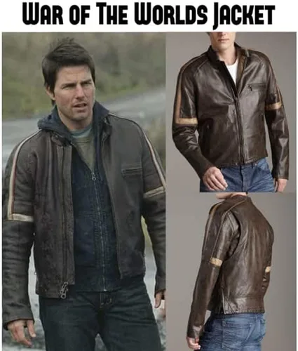 Vista 3 de Tom Cruise War of the World - Chaqueta vintage de cuero marrón para motocicleta Cafe Racer para hombre