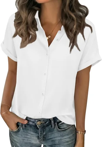 Vista 22 de Zeagoo Blusas de verano de manga corta para mujer, camisas casuales con botones, blusas de trabajo de negocios sólidas/a rayas