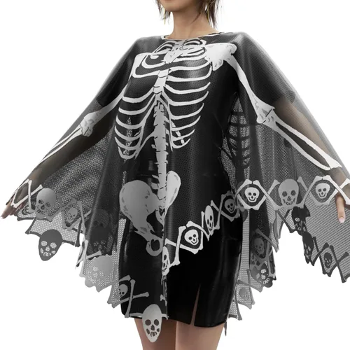 Vista 7 de Disfraz de esqueleto para mujeres adultas y poncho de esqueleto con máscara de encaje negro, utilizado para juegos de rol y actividades de vestir