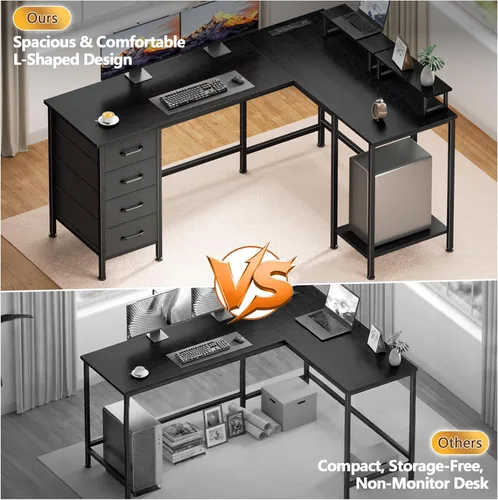Vista 5 de Korfile - Escritorio para computadora en forma de L de 59 pulgadas con tomas de corriente, color negro