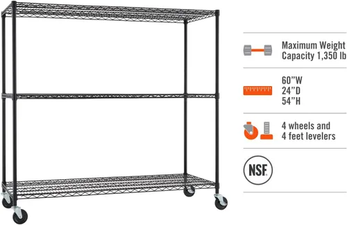 Vista 5 de Trinity Basics Estantería de alambre ajustable de 3 niveles con ruedas para organización de cocina, almacenamiento de garaje, cuarto de lavandería