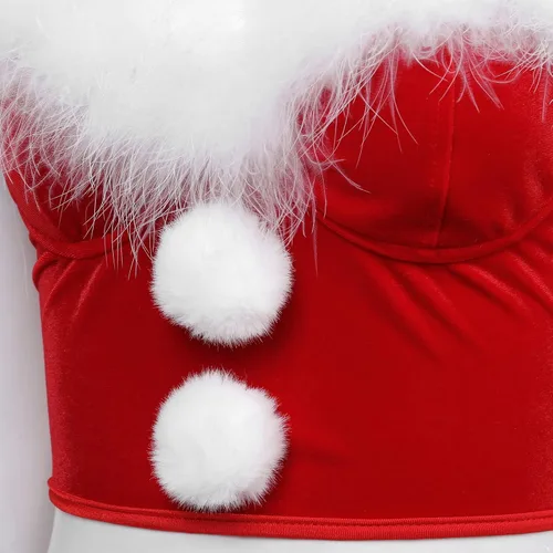 Vista 7 de Disfraz de Papá Noel para mujer, camisola de franela para fiesta de Navidad, tirantes delgados, corsé, camiseta sin mangas