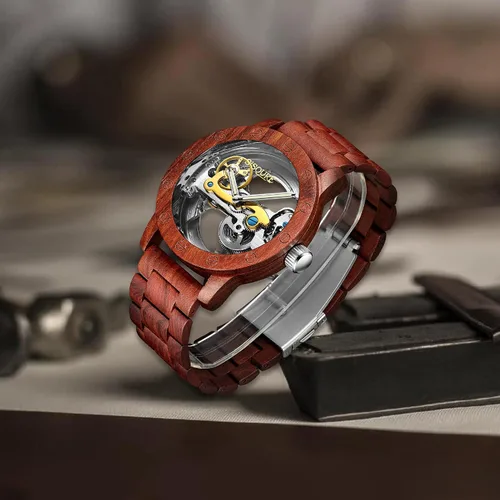 Vista 7 de S2SQURE - Reloj de pulsera para hombre mecánico automático automático de lujo esqueleto steampunk para hombre ligero con banda de madera marrón