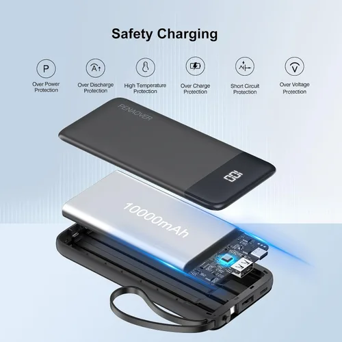 Vista 7 de penaover Cargador Portátil 10000mAh Power Bank con Cable Incorporado, 5 Salidas 2 Entradas Esencial de Viaje Paquete de Batería Externa con Pantalla