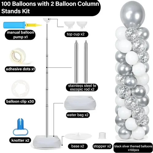 Vista 2 de Juego de 2 soportes de columna de globos plateados y blancos con 100 globos plateados con base para globos de confeti de suelo, kit de columna