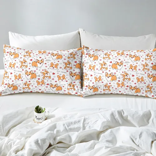 Vista 6 de Feelyou Juego de sábanas Kawaii Corgi para niños pequeños, juego de ropa de cama para niños y niñas, diseño de caricaturas, cachorro, perro, sábana