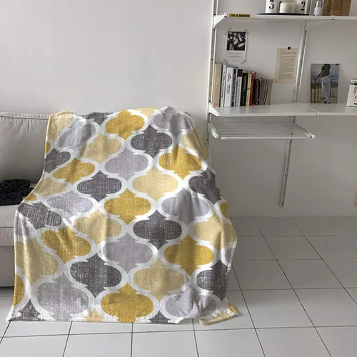 Vista 4 de Manta marroquí geométrica súper suave y acogedora de franela de forro polar, diseño retro amarillo gris, patrón marroquí abstracto, manta ligera