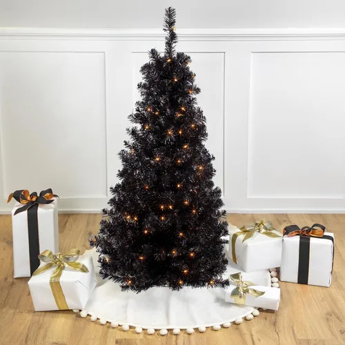 Vista 3 de Northlight Árbol de Navidad de oropel artificial negro delgado preiluminado de 4 pies, luces transparentes