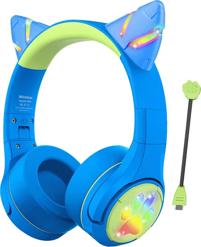 Vista 10 de Riwbox CF9 - Auriculares Bluetooth para niños con luz LED, límite de volumen seguro de 85 dB, micrófono integrado y micrófono Boom para llamadas