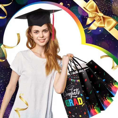 Vista 4 de TaoBary 24 bolsas de regalo de graduación de arcoíris negro 2026, bolsas de felicitaciones de graduación, recuerdos de fiesta con asas, regalos