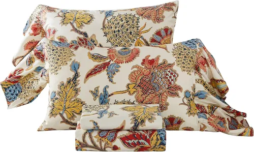 Vista 15 de ABREEZE Juego de sábanas con estampado floral beige, juego de ropa de cama bohemio, juego de ropa de cama de lujo de 4 piezas, medallón de damasco