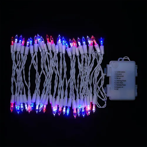 Vista 2 de Luces de cadena patrióticas a pilas - 50 luces LED mini rojas, blancas y azules para árbol pequeño, corona, manualidades, decoración