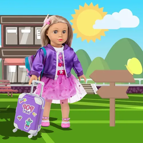 Vista 4 de ebuddy Juego de ropa para muñecas de 18 pulgadas y accesorios de viaje, juego con temática de unicornio para muñecas de 18 pulgadas, incluye Suite