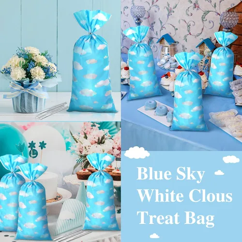 Vista 5 de Outus 100 bolsas de regalo para fiesta de juguete, cielo azul, nubes blancas, bolsas de regalo de cielo azul con lazos giratorios para niños