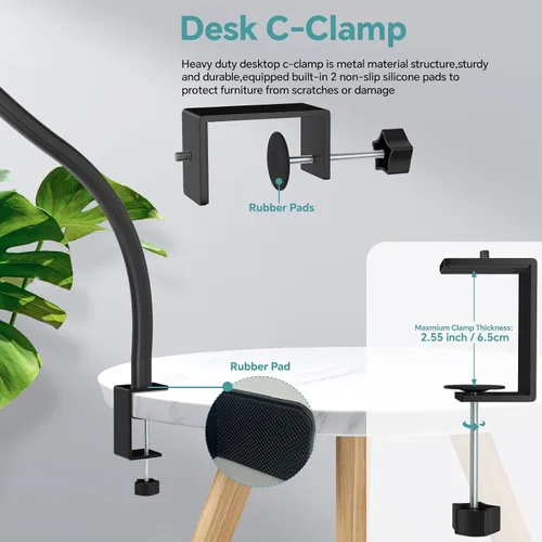 Vista 5 de Soporte para micrófono, 19.7 in de largo, flexible con brazo de cuello de cisne, soporte universal de clip de micrófono resistente adaptador de 3/8