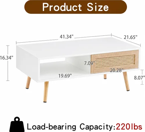 Vista 2 de IANIYA Mesa de centro con almacenamiento oculto, mesa central rectangular de 41.3 pulgadas con puerta tejida de ratán y patas de madera maciza