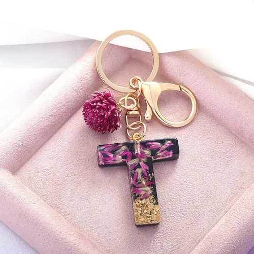 Vista 3 de Llavero con letra inicial del alfabeto para mujeres y niñas, diseño de gomphrena globosa secas, llavero para bolso y bolso