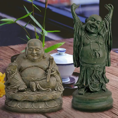 Vista 2 de Design Toscano Estatua asiática de decoración santuario, juego de dos, Jolly Hotei y Buda riendo, acabado de bronce Verdigris