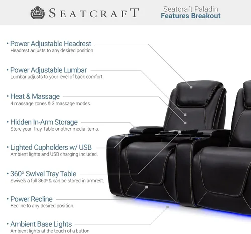 Vista 4 de Seatcraft Asientos de cine en casa Paladin fila negra de 2 Negro