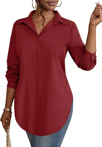 Vista 34 de Rooscier Blusa larga con cuello en V para mujer, manga larga, abertura lateral, con botones