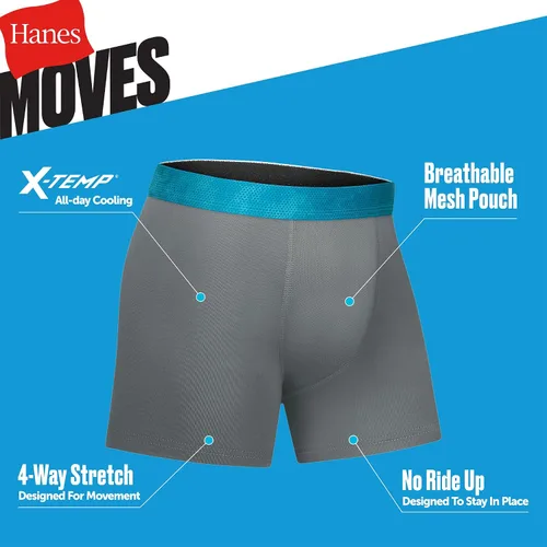 Vista 4 de Hanes Boys' Moves Performance Underwear Boxer Brief, 6-Pack, Mesh Pouch Moisture Wicking Boxer Briefs Negro/Gris