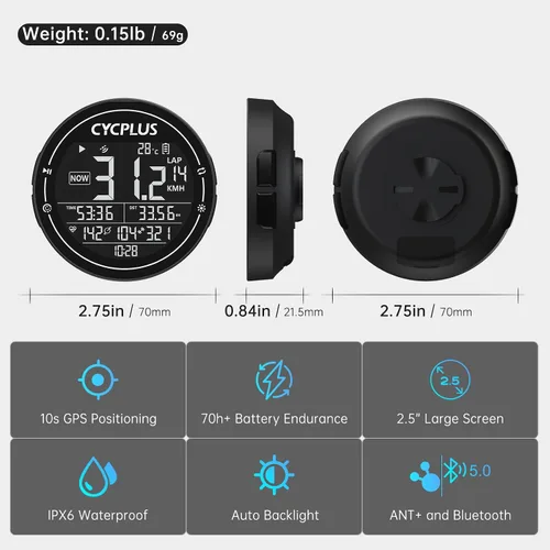 Vista 2 de CYCPLUS GPS Bike Computer, Wireless Cycling Computer, ANT+ Bluetooth Bicycle Speedometer Odometer IPX6 Waterproof, Rechargeable with 2.5″ Screen for
