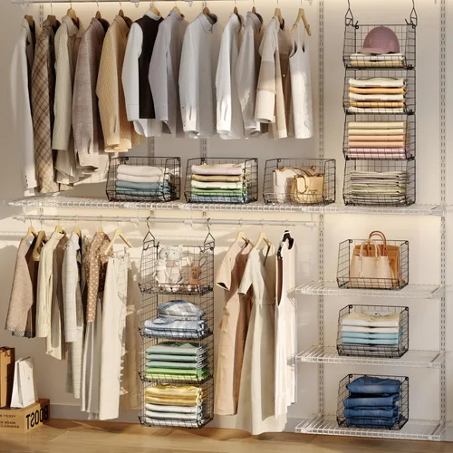 Vista 2 de Organizador Colgante de Closet de 4 Niveles, Organizadores de Closet y Almacenamiento con 5 Ganchos en S, Estantes Colgantes de Closet y Cestas