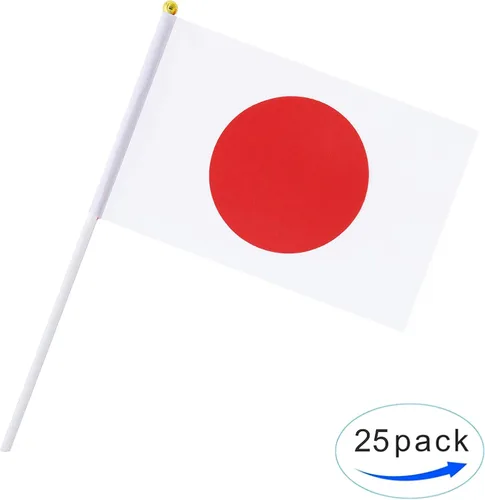 Vista 4 de Paquete de 25 banderas nacionales pequeñas de mano pequeñas japonesas japonesas con parte superior redonda, suministros de decoración de fiesta