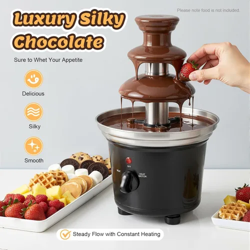 Vista 2 de Fuente de chocolate, fuente de fiesta de acero inoxidable de 3 niveles con bandeja de alimentos y tenedor, máquina eléctrica de fuente de fondue