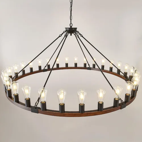 Vista 10 de Candelabro de Rueda de Vagón de Madera de 15 Luces, Candelabro de Granja Rústico Vintage con Bombillas E26, 32" Candelabro Industrial
