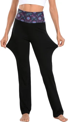 Vista 6 de HDE Pantalones de yoga con bloques de color para mujer, leggings de entrenamiento de pierna acampanada