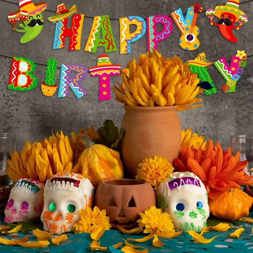 Vista 7 de Whaline 2 pancartas mexicanas de feliz cumpleaños Colorful Mexican Bunting Garland, Pre-assembled Cinco De Mayo Hanging Decor for Mexican Carnival