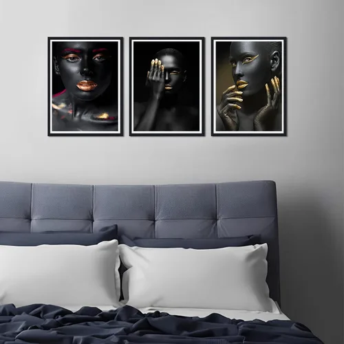 Vista 4 de MAMAGO Lienzo decorativo para pared, pintura de belleza dorada y negra, fotos de mujeres africanas, hermosos pósteres de mujer negra, impresiones