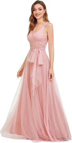 Vista 3 de Ever-Pretty Elegante cuello en V para mujer con cintura de fajín de una línea maxi de tul vestido cruzado vestidos de dama de honor 07303-USA