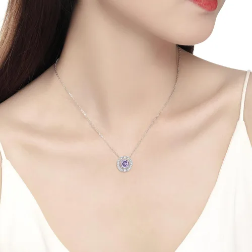Vista 4 de Collar con halo de piedra natal para mujer, plata de ley, chapado en platino, piedras preciosas brillantes, corte redondo, colgante solitario