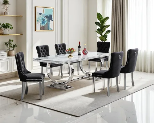 Vista 85 de Juego de mesa de comedor de mármol sintético, 7 piezas, juego de mesa de cocina y comedor para 6, mesa de comedor rectangular blanca de 70 pulgadas