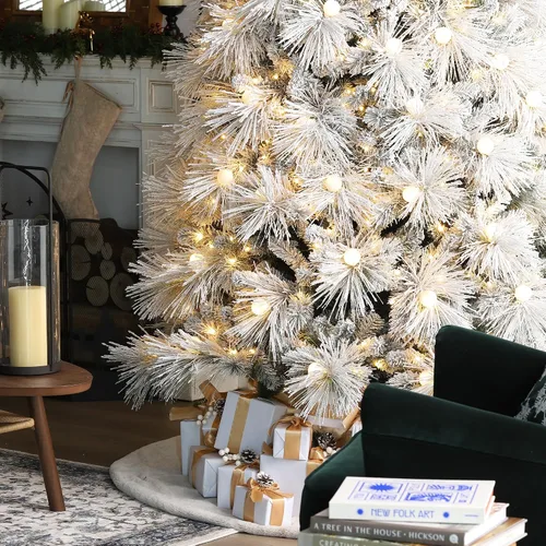 Vista 5 de Glitzhome Árbol de Navidad artificial preiluminado de 7.5 pies con 650 luces LED blancas cálidas, 3 modos de iluminación y pedal de pie, diseño