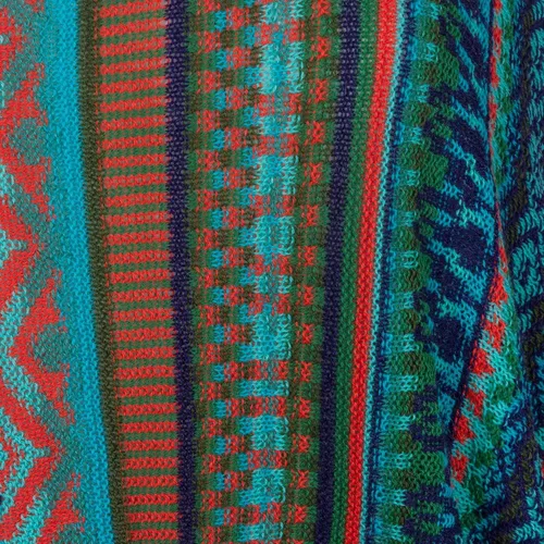 Vista 4 de NOVICA Suéter de manga kimono a rayas hecho a mano de punto bohemio de Perú en rayas turquesas 'Lima Dance